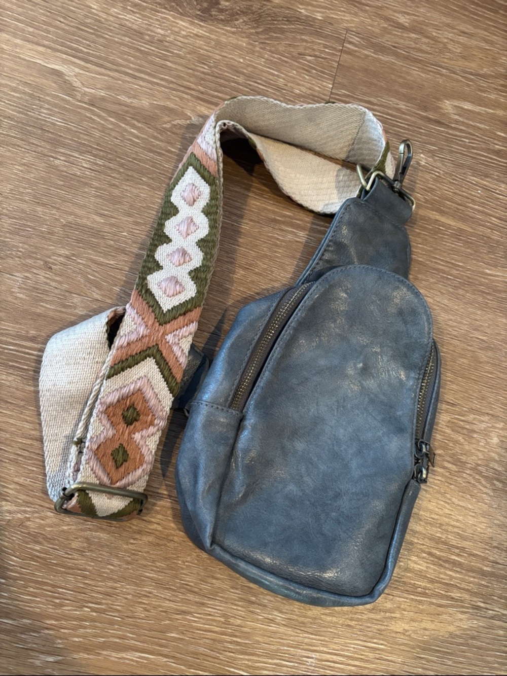 Gray Crossbody Sling Bag with Embroidered Strap